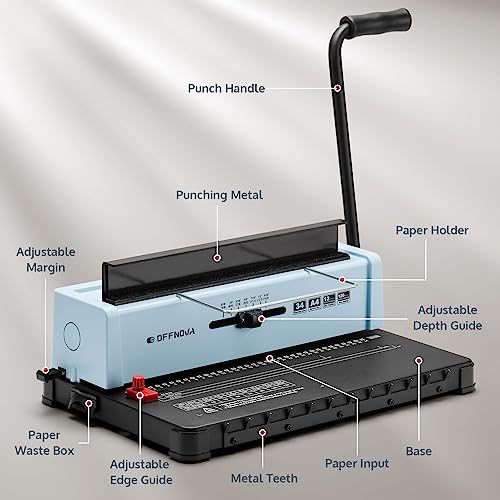 OFFNOVA Wire Binding Machine, 34 - Square Punch Holes, 3:1 Pitch, Punch 12 Sheets Bind 120 Sheets, Book Binder with Adjustable Side Margin, Easy to Punch for Letter Size / A4 / A5 - style: Single-arm