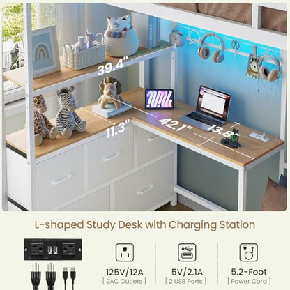 DICTAC Bunk Bed with L-Shaped Desk,5 Storage Drawers and 2 Shelves Metal Twin XL Over Twin Bunk Bed with LED Lights and Charging Station,bunk Beds with Safety Guardrail & Ladder,Space-Saving,White - color: White, size: Twin XL Over Twin