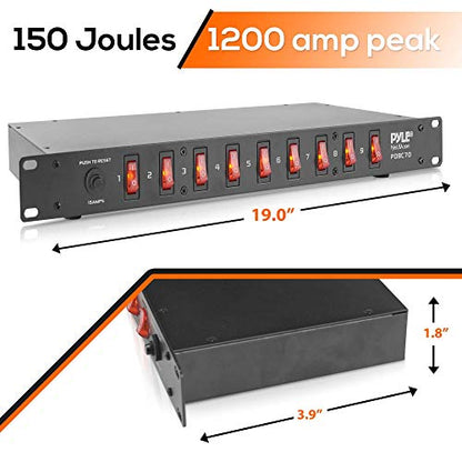 PDU Power Strip Surge Protector - 150 Joule 9 Outlet Strips Surge Protector Heavy Duty Electric Extension Cord Strip - 1U Rack Mount Protection Power Outlet Strip W/ 9 Front Switch - PylePro PDBC70 BLACK - size: 150J