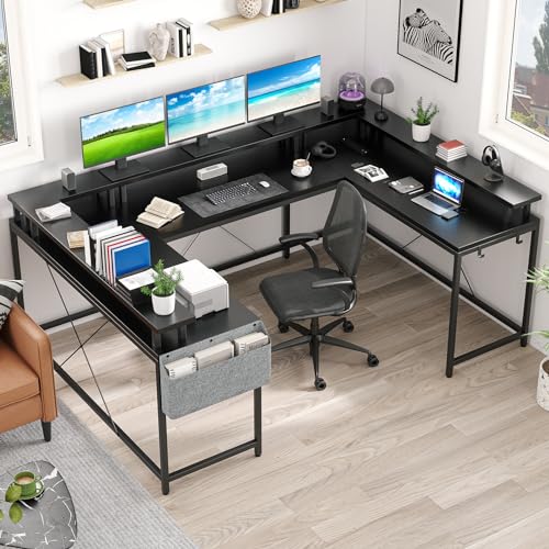 Jojoka U Shaped Computer Gaming Desk, Reversible L Shaped Desk with Power Outlets, LED Strip & Monitor Stand, Large Corner Desk with Storage Shelves for Home Office, Black - color: Black