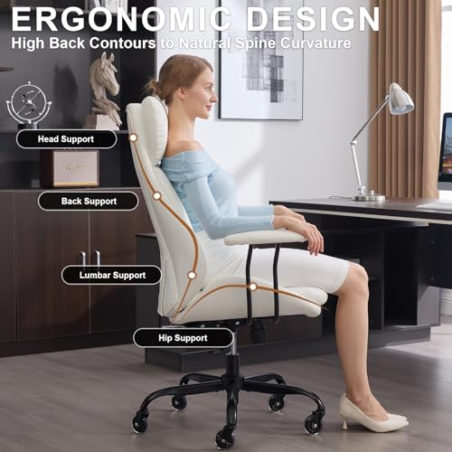 Leather Executive Office Chair, Computer Desk Chair, White | Ergonomic, Rubber Wheels, Lumbar Support, 360° Swivel, High Back, Adjustable Height, for Modern Home Office - color: Pearl White