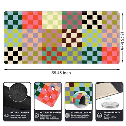 iCasso Desk Mat,Cute Desk Cover for Women,35.4x15.7in,Checkered | Computer Mat for Home Office,Non-Slip Mousepad with Stitched Edges,Retro Keyboard Mat,Smooth Water-Resistant - color: A-Retro Checkered