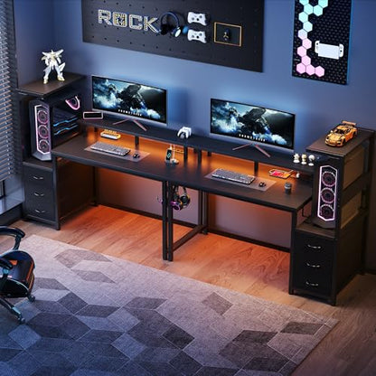 52" Reversible Gaming Desk with LED Lights Power Outlets, Black | Computer Desk with Drawers Can be Used to Store Odds and Handles, Elevated PC Stand To Help You Showcase Your DIY Cases. - color: Black, size: 53 In