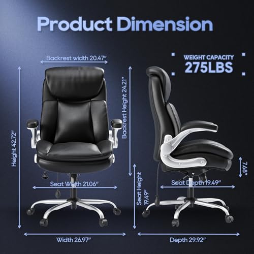 MALOL Office Chair Big and Tall- High Back Executive Office Chair- Ergonomic Home Computer Desk Chair with Padded Flip-up Arms, Adjustable Lumbar Support, Wide & Thick Seat for Adult-Black - color: Black