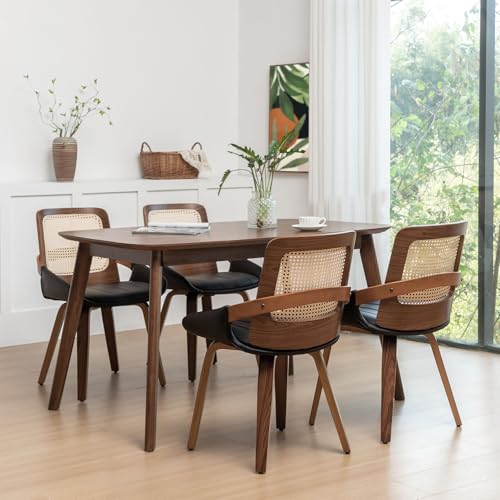 Set of 4 Black Rattan Dining Chair - Mid Century Modern Dining Chair with Ergonomic Cane Back, Bentwood Frame, Faux Leather Seat, Arms, Walnut Dining Chairs for Living Room/Kitchen (Walnut Black) - color: Walnut Black, size: Set of 4