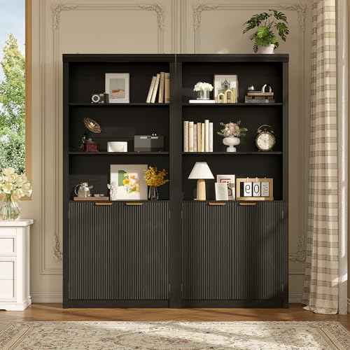 Modern Tall Book Shelf and Bookcase, 31.5"Wide Bookshelf with Doors, Farmhouse Book Case with Adjustable Top Shelf, Wood Storage Cabinet with 5 Tier Display Shelves for Home Office, Living Room, Black | Farmhouse Book Case with Storage, Wood Storage Cabin
