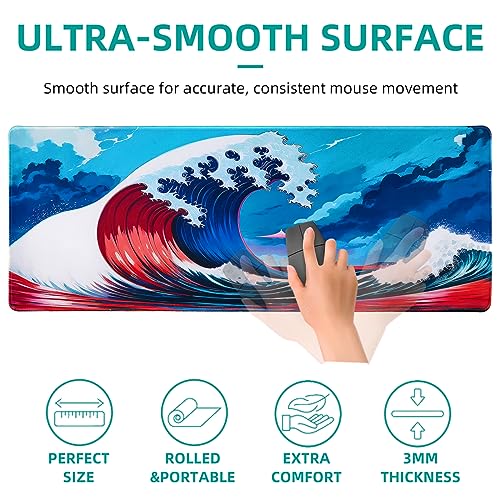 Hopipad Japanese Style Waves Large Gaming Mouse Pad for Desk, Desk Mat with Seamed Edges, Waterproof Desk Pad, Non-Slip Rubber Base, 31.5x11.8 Inch Keyboard Pad Computer Mat, Big XL Mousepad - color: Japanese Sea Wave