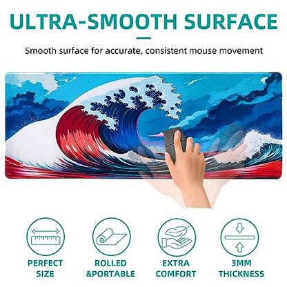 Hopipad Japanese Style Waves Large Gaming Mouse Pad for Desk, Desk Mat with Seamed Edges, Waterproof Desk Pad, Non-Slip Rubber Base, 31.5x11.8 Inch Keyboard Pad Computer Mat, Big XL Mousepad - color: Japanese Sea Wave