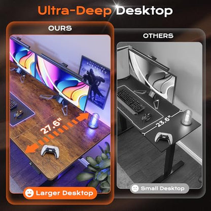 Huuger 63 x 28 Large Electric Standing Desk, Height Adjustable Computer Desk, 27.6" Deep Desktop, Stand up Gaming Office Table with 2 Hooks, 3 Preset Heights, for Home Office, Rustic Brown, 7021Z-1 - color: Rustic Brown, size: 63*28 inch (no outlets)
