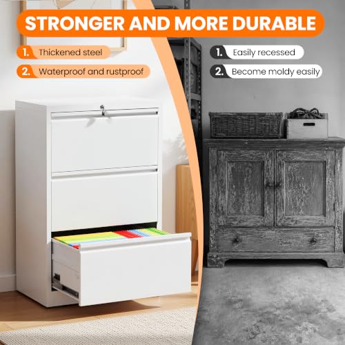 3 Drawer Metal Lateral File Cabinet with Lock,White Filing Cabinet - color: White, size: 26.8"W-3 drawers