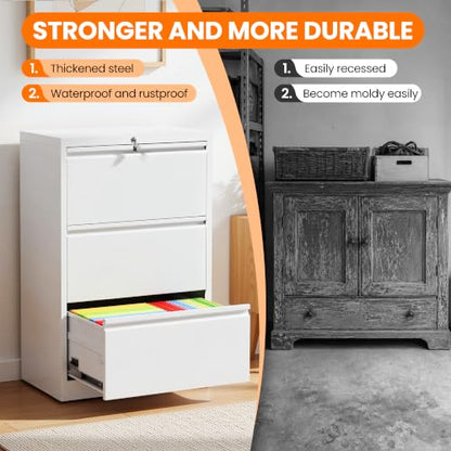 3 Drawer Metal Lateral File Cabinet with Lock,White Filing Cabinet - color: White, size: 26.8"W-3 drawers