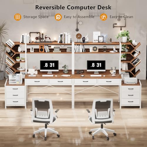 YOMILUVE 52" Computer Desk with Bookshelf, 5 Drawers ＆ Hutch for Bedroom | Office Desk with Printer Shelf, Study Writing Desk with Storage Shelves, Brown and White - color: Brown and White