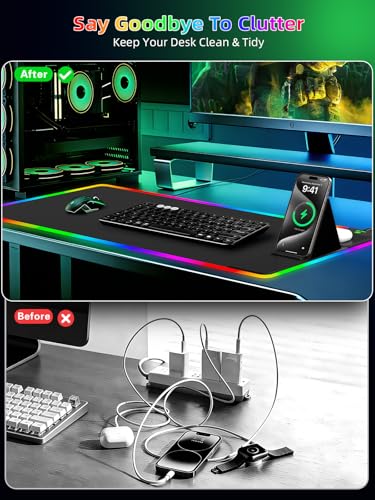 Mouse Pad with Foldable Phone Holder & Wireless Charger, XXL RGB Gaming Mousepad 31.5"x15.8" Large Desk Mat for Keyboard, Black Desk Pad with Dual Qi Charging Station | 11 Colors 5 Modes | Waterproof - color: 31.5x15.75"Phone Stand-Black Right w/PD Upgrad