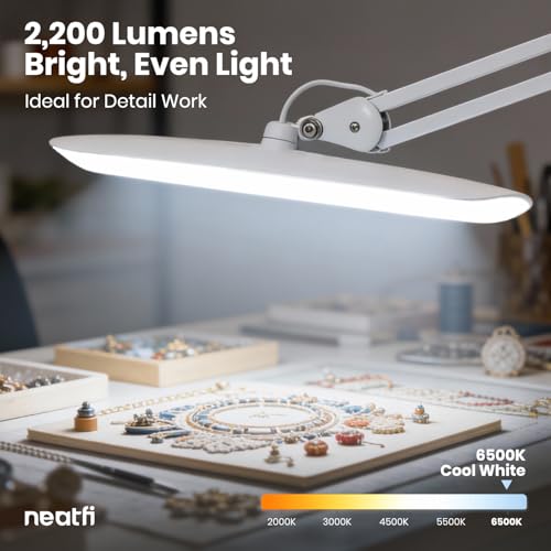 Neatfi LED Desk Lamp, 2200 Lumens, 24W, 20-Inch Wide Head (White) - color: White, size: Non-CCT with Clamp