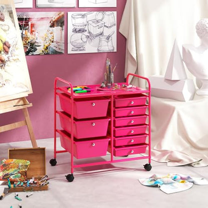 RELAX4LIFE 9 Drawer Rolling Storage Cart - Mobile Drawer Carts for Craft Art Supply Paper Salon, Utility Cart on Wheels for Classroom Teacher School Office, Rolling Cart with Drawers (Hot Pink) - color: Hot Pink, style: 9 Drawers