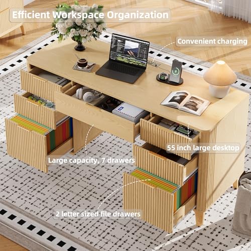55.1" Fluted Executive Desk with Drawers, Wood Computer Desk with Storage Cabinet, Home Office Desk with Charging Station, Farmhouse Desk with File Cabinet for Office Home (Nature) - color: Nature With 4 Legs