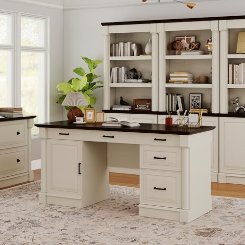 Bevfint 61.85″ Executive Desk with Roman Column Design, Large Boss Office Desk 3 Drawers incl. File Drawer, Keyboard Tray, Cabinet Shelf with Door, White with Brown Desktop - color: White With Brown Desktop, size: 61.85" Roman Column Desk
