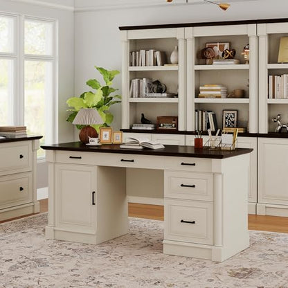 Bevfint 61.85″ Executive Desk with Roman Column Design, Large Boss Office Desk 3 Drawers incl. File Drawer, Keyboard Tray, Cabinet Shelf with Door, White with Brown Desktop - color: White With Brown Desktop, size: 61.85" Roman Column Desk
