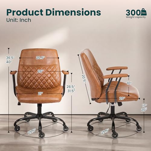 NEO CHAIR Brown Leather Office Chair with Ergonomic Design, Swivel Chair | Modern Computer Desk Chair with Genuine Leather, Lumbar Support, Removable Arms, Comfy Chair for Home Office, Smooth Rolling - color: A. Mid-back Brown