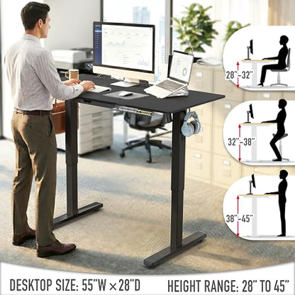SHW 55 x 28 Electric Height Adjustable Standing Desk w/Drawer, Black - color: Black, size: 55-Inch