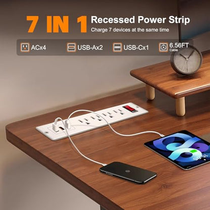 4 Outlets Recessed Power Strip with USB C 20W, Fast Charge Desktop Power Outlet Flush Mount Desk Extender 6.56 ft Extension Cord Plug in Furniture Conference Hotel - color: White