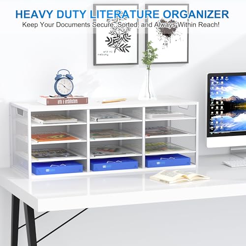 Mail Sorter Adjustable Countertop Mail Holder, Heavy Duty Literature Organizer, Student Mailbox for Classroom, Desktop Bill Paper Organizer for Office Home School, 12 Compartments, White - color: White, size: 31.5" × 12.2" × 11.8"