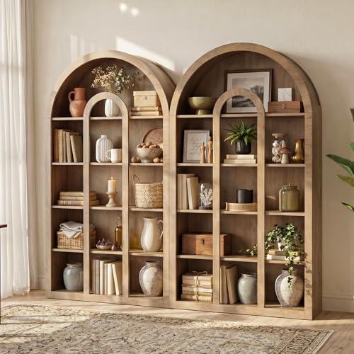 Tribesigns 71" Tall Bookshelf Set of 2, 5-Tier Arched Bookcase with Open Shelves, Vintage Free-Standing Display Shelves with Rustic Wood Finish for Living Room, Office, Bedroom - color: Rustic Brown