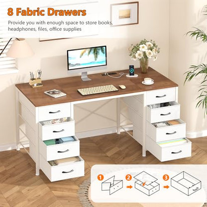 50 Inch Computer Desk with 8 Drawers for Home Office, Bedroom, Living Room - color: Brown and White, size: 18.9"D x 50.4"W x 29.3"H
