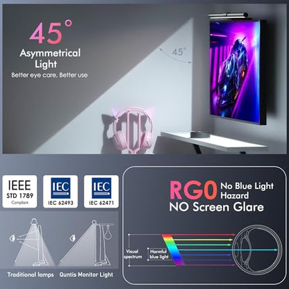 Quntis RGB Pro+ Monitor Light Bar with Remote, Flat Curved & Ultrawide Fits | 15 Modes Gaming Backlight, Ra95 Eye-Care No-Glare Front Light, 4 Colors & Brightness Dimmable, Home Office Gaming, 20" Gray - color: Gray