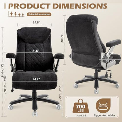Fabric 700lbs Big and Tall Office Chair, Ergonomic Heavy Duty Executive Cloth Office Chair with 5D Flip Arms & Adjustable Lumbar Support & Dual Rubber Wheel, Large Thick Padded Extra Wide Seat, Black - color: Blackcloth