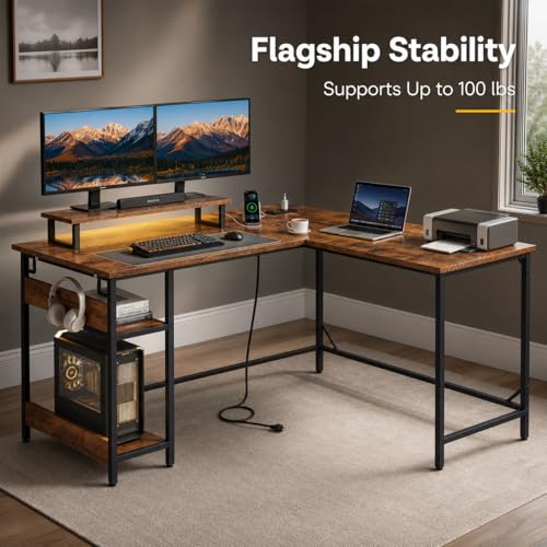 DEVAISE 60 Inch L Shaped Gaming Desk with LED Lights, Rustic Brown | Steel frame and engineered wood desktop with 2 AC outlets, 2 USB ports, monitor stand, and shelves for gaming setups - size: 60 Inch