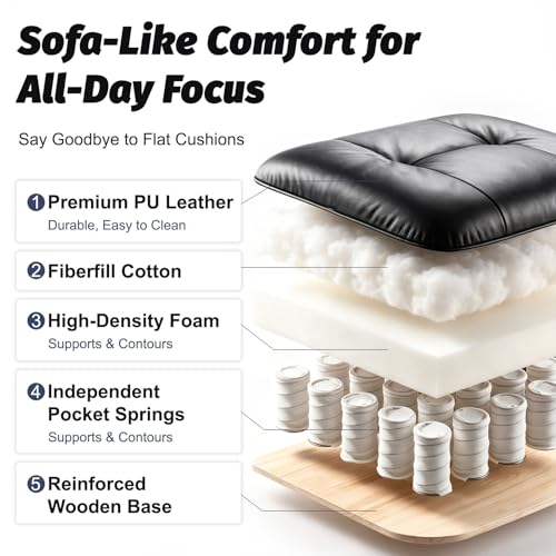 Efomao Executive Office Chair 400lbs, Black Big and Tall Desk Chair | Mattress-grade pocket spring cushion, sleek leather, 135° recline & footrest for computer gaming setup. - color: 3084p-black