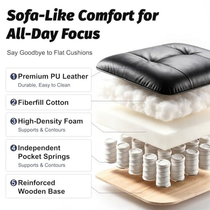 Efomao Executive Office Chair 400lbs, Black Big and Tall Desk Chair | Mattress-grade pocket spring cushion, sleek leather, 135° recline & footrest for computer gaming setup. - color: 3084p-black