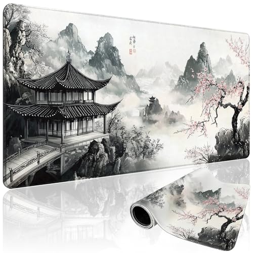 Japanese B&W Cherry Blossoms Gaming Mouse Pad Desk Mat 31.5"x15.7 | Extended Mousepad, Non-Slip Rubber Base , Stitched Edges, for Computer/Laptop/Office/Home - color: Black and White