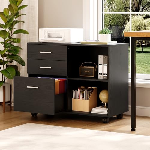 VINGLI 3 Drawer Wood Lateral File Cabinet with Adjustable Shelves & Locking Wheels, Printer Stand with Drawers for Letter Size Files, Sturdy Black File Cabinets for Home Office, Study & Business - color: Classic Black, size: Lateral 3 Drawer