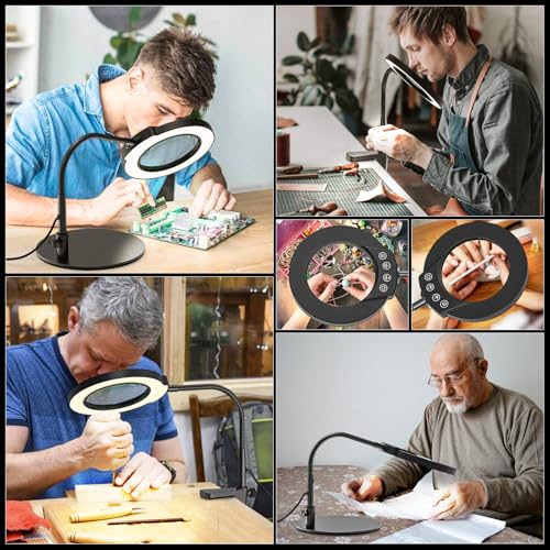 10X 15X Magnifying Glass with Light and Stand, 5 LED Color Modes Stepless Dimmable, Flexible Gooseneck Lighted Magnifying Glass with C-Clamp and Mental Base for Craft Close Work Sewing Reading