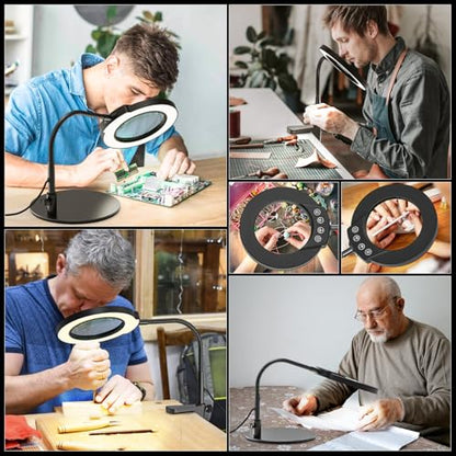 10X 15X Magnifying Glass with Light and Stand, 5 LED Color Modes Stepless Dimmable, Flexible Gooseneck Lighted Magnifying Glass with C-Clamp and Mental Base for Craft Close Work Sewing Reading