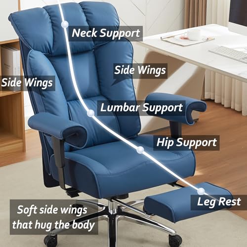 Efomao Big and Tall Office Chair 400lbs - Heavy Duty Executive Desk Chair with Foot Rest & 23" Wide Seat - High Back Ergonomic Leather Computer Chair for Heavy People, Home Office, Blue - color: 3060-blue