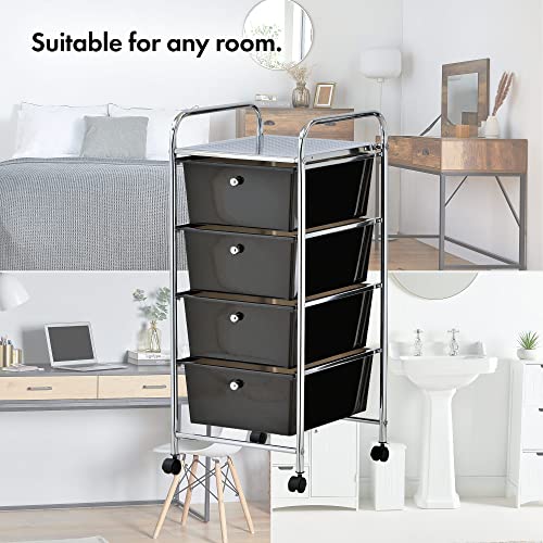VonHaus 4 Drawer Plastic Storage Trolley, Multipurpose Storage Drawer Rolling Cart, Unit Home Office Stationery Organisation, Make-up, Beauty - Mobile Design 4 Tier Shelving and Castor Wheels - Black
