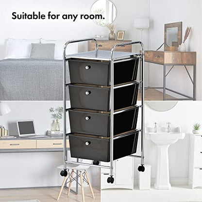 VonHaus 4 Drawer Plastic Storage Trolley, Multipurpose Storage Drawer Rolling Cart, Unit Home Office Stationery Organisation, Make-up, Beauty - Mobile Design 4 Tier Shelving and Castor Wheels - Black