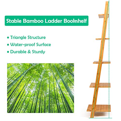 Tangkula Bamboo 5-Tier Ladder Shelf Bookshelf, Wall-Leaning Bookshelf, Plant Flower Stand, Storage Display Shelves for Living Room Bathroom Office, Multifunctional Ladder Bookcase (Natural) - size: 17" x 14" x 65" (L x W x H)