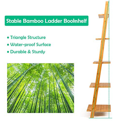 Tangkula Bamboo 5-Tier Ladder Shelf Bookshelf, Wall-Leaning Bookshelf, Plant Flower Stand, Storage Display Shelves for Living Room Bathroom Office, Multifunctional Ladder Bookcase (Natural) - size: 17" x 14" x 65" (L x W x H)