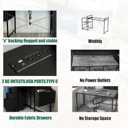 47.3" Office Desk with Power Outlet & 3 Drawers - Sturdy Reversible Frame, Side Pocket, Easy Assembly - Home/Office Computer Desk, Gaming Table, Vanity Table (Black + MDF+Metal + Modern) - color: Black + Mdf+metal + Modern
