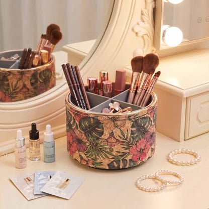 Round Leather Art Supply Organizer,Remote Control Holder,360 Degree Spinning,Multi-Functional Pencil Holder,4 Compartments Desktop Stationary Organizer(1-Gold Wood Banana) - color: 1-Gold Wood Banana