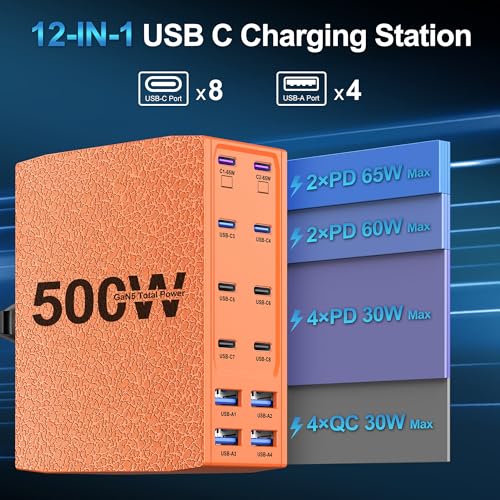 500W USB C Charger Block, 12-Port USB C Charging Station for Multiple Devices, Leather Texture Dual PD 65W Laptop Fast Charger Compatible with MacBook Pro/Air, iPad, iPhone,Galaxy and More,Orange - color: Orange, size: 5 feet