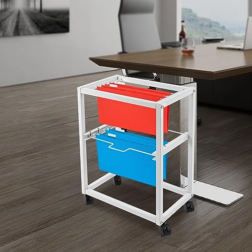 2 Tiers Metal Rolling File Carts with Wheels,Hanging Files Movable Pull-Out Folder Rack,Drawer File Cabinet Movable Pull-Out File Cabinet for Office, Classroom, Home Study, or Printer Room