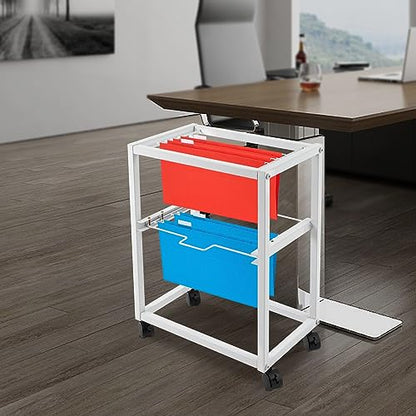 2 Tiers Metal Rolling File Carts with Wheels,Hanging Files Movable Pull-Out Folder Rack,Drawer File Cabinet Movable Pull-Out File Cabinet for Office, Classroom, Home Study, or Printer Room