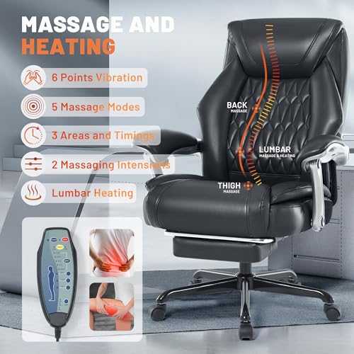 Reclining Office Chair with Massage, Ergonomic Executive Desk Chair | PU Leather Computer Chair with Heat & Footrest, 6-Point Vibrations, Padded Seat for Comfort & Stress Relief & Relaxation