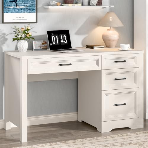 Vabches Farmhouse Executive Desk with Storage and Ample File Drawer, Rustic Large Home Writing Desk for Bedroom, Pure White - color: Pure White, size: 19.69"D x 47.24"W x 30.71"H