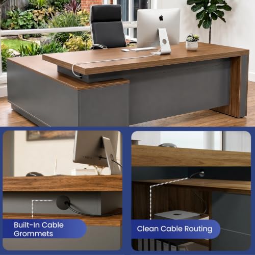 OfficeSimpli L Executive Desk with Drawers, Made in USA, 74x63x30, Walnut - size: 74" x 63" x 30" (Credenza Left)